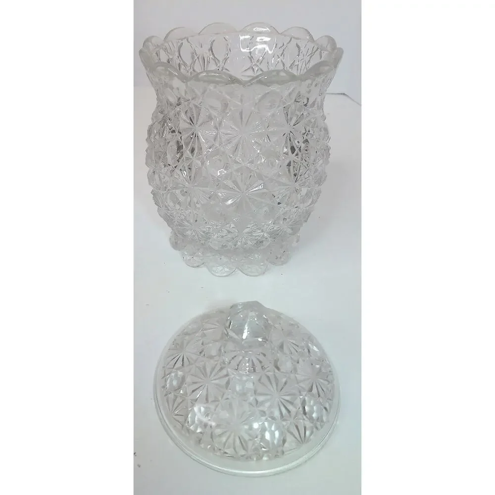 Vintage Clear Pressed Glass Trinket Jar with Lid Diamond Cut Crystal Candy Dish